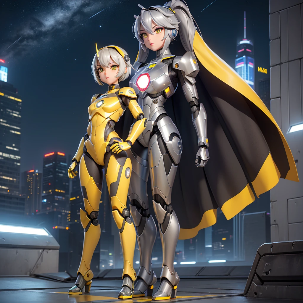 (masterpiece), (best quality), (high res) 2boys, (perfect anatomy) (perfect face, (Female robot), (superheroine), android girl, teenager, (gray with yellow accents full body robotic metal armor), (yellow cape), (yellow shinning core in the chest), gray metal gloves and gray armored boots, (metallic), (beam saber), pale skin, shinning yellow eyes, (gray short shoulder length hair), wide hips, thick thighs, narrow waist, (standing on the rooftop), (futuristic city), (night)