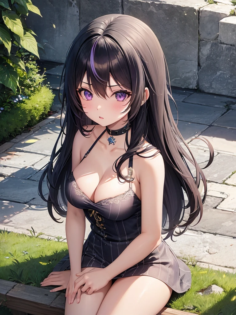 1girl, solo, young, medium long hair, breasts, black hair, dark blue tips, cleavage, hair between eyes, medium breasts, purple eyes, upper body, white hair, multicolored hair, outdoors, two-tone hair, cover, up, bench, cover