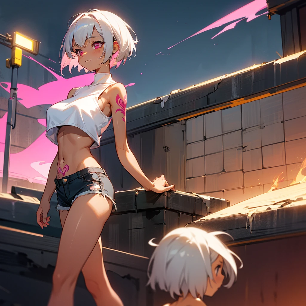 1female, young adult, tan skin, big breast, finely detailed pink eyes, short hair, bob hairstyle, grey hair, crop top, shorts, standing on ruined building, night time, excited expression, tattoos