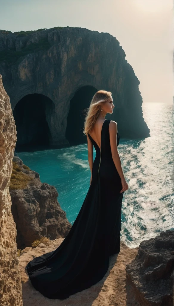 Close up, overhead view, Realistic photo of a beautiful woman in dark color grading Versace dress, walks out of a cave that connects to sea
