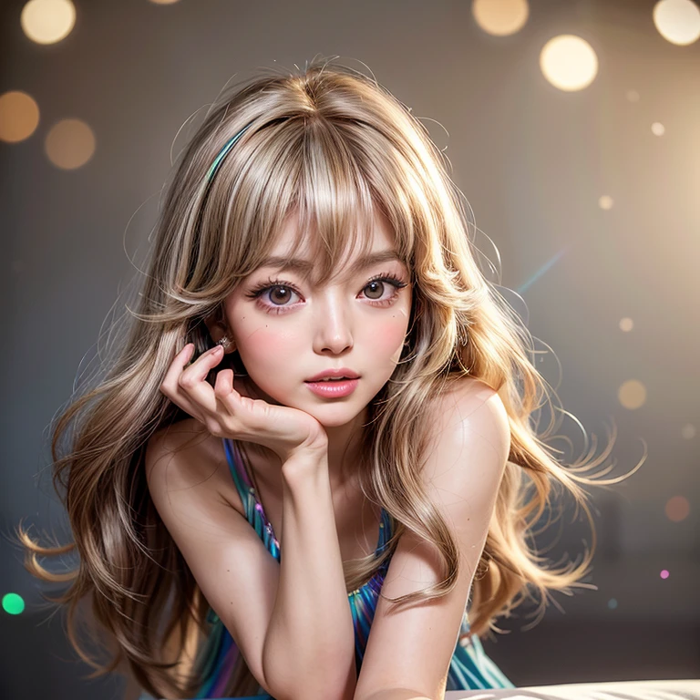 NSFW, 8k, High-level, absurd, masterpiece, best quality, primitive, very detailed CG, very detailed wallpaper, perfect lighting, Extremely detailed ((( personifying " Farrah Fawcett Majors " as a Little Girl))), MysticSight, Tyndall effect, Tyndall scattering, (Studio gray background with (Overflowing oodles Dazzling RainbowColorParticles (BokeH))), (RoundlyButts, ThighGap), (Exposed:0.4), (Assfocus with looking ahead) BREAK  (Acutance:0.88), (NOGIZAKA face variations) Extremely Detailed very KAWAII face variations, perfect anatomy, Childish, CaptivatingGaze ElaboratePupils detailed Eyes with (sparkling highlights:1.28), (Voluminous LongEyelashes、GlossyRED Lips with beautiful details, RosyCheeks, Radiant PearlSkin with Transparency . { (Dynamic LifeLike expressions:1.4) | :d) }, (large eyes:-1) .