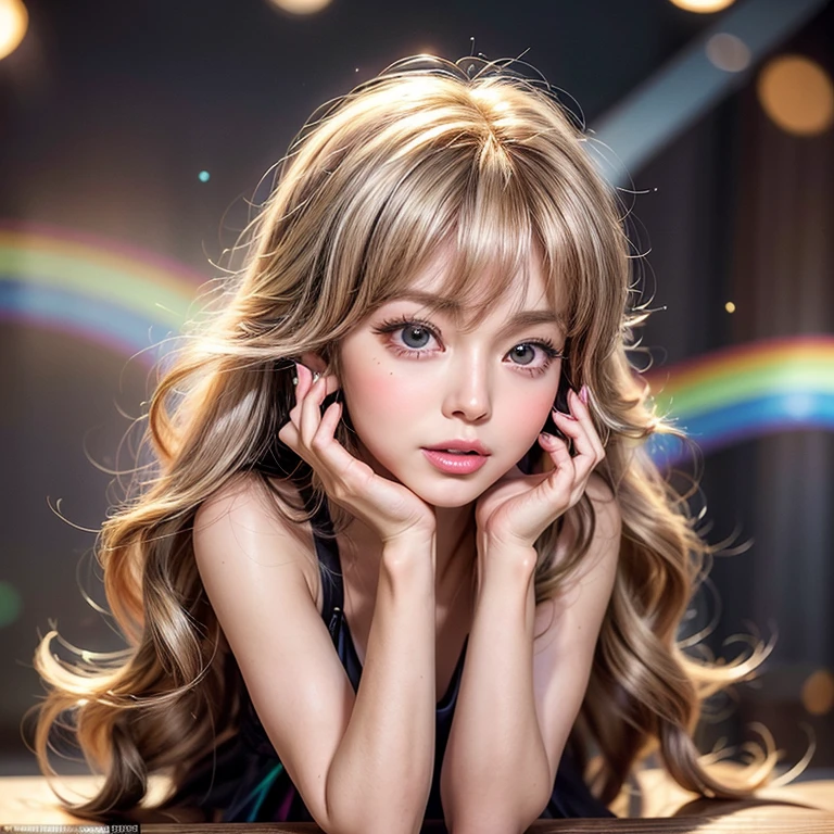 NSFW, 8k, High-level, absurd, masterpiece, best quality, primitive, very detailed CG, very detailed wallpaper, perfect lighting, Extremely detailed ((( personifying " Farrah Fawcett Majors " as a Girl))), MysticSight, Tyndall effect, Tyndall scattering, (Studio gray background with (Overflowing oodles Dazzling RainbowColorParticles (BokeH))), (RoundlyButts, ThighGap), (Exposed:0.4), (Assfocus with looking ahead) BREAK (Acutance:0.88), (NOGIZAKA face variations) Extremely Detailed very KAWAII face variations, perfect anatomy, Childish, CaptivatingGaze ElaboratePupils detailed Eyes with (sparkling highlights:1.28), (Voluminous LongEyelashes、GlossyRED Lips with beautiful details, RosyCheeks, Radiant PearlSkin with Transparency . { (Dynamic LifeLike expressions:1.4) | :d) }, (large eyes:-1) .