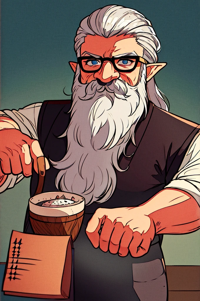 a half-elf RPG dwarf, chef, gray hair, gray beard and mustache, wears glasses, Waterdeep: Dragon Heist style image by Tyler Jacobson.