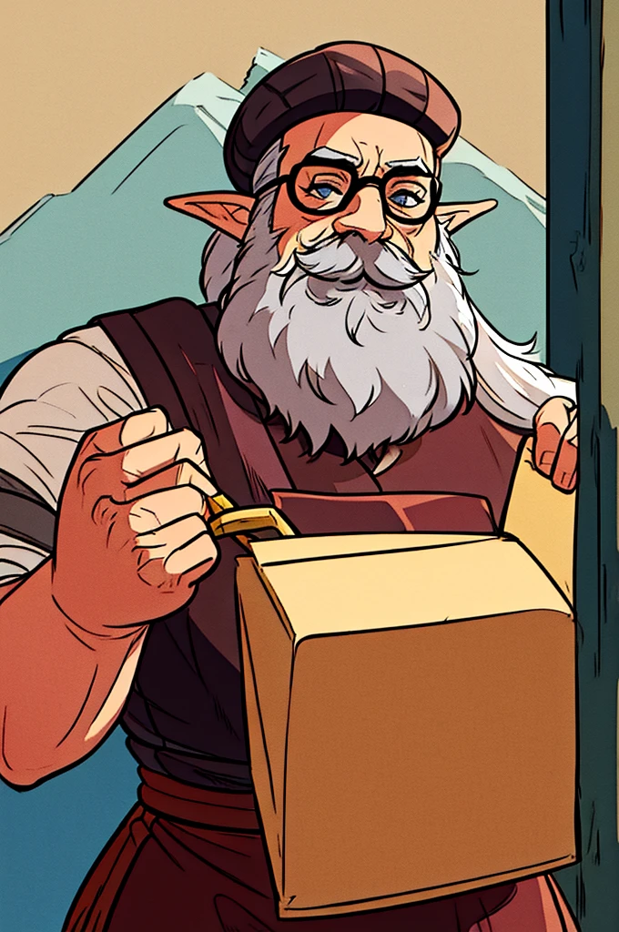 a half-elf RPG dwarf, chef, gray hair, gray beard and mustache, wears glasses, Waterdeep: Dragon Heist style image by Tyler Jacobson.
