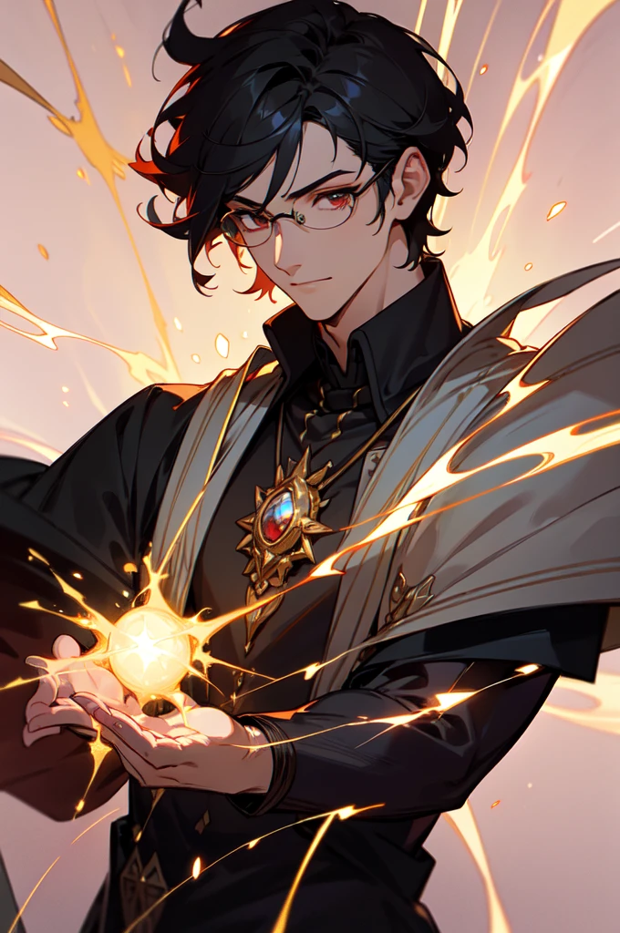 masterpiece, best quality, 1 male, young, tall muscular, handsome, finely detailed eyes, intricate details, black hair, short hair, smile, solo, upper body, detailed background, detailed face, good sorcerer, color magical robes, determined expression, white color scheme, dark crimson light, glowing magical runes, realistic lighting, floating particles, sparks, surrounded by gold lightning red arcane symbols, corrupted by eldritch power, bloom, glasses
