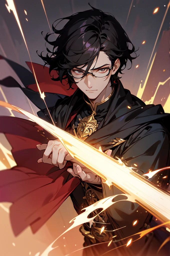 masterpiece, best quality, 1 male, young, tall muscular, handsome, finely detailed eyes, intricate details, black hair, short hair, smile, solo, upper body, detailed background, detailed face, good sorcerer, color magical robes, determined expression, white color scheme, dark crimson light, glowing magical runes, realistic lighting, floating particles, sparks, surrounded by gold lightning red arcane symbols, corrupted by eldritch power, bloom, glasses