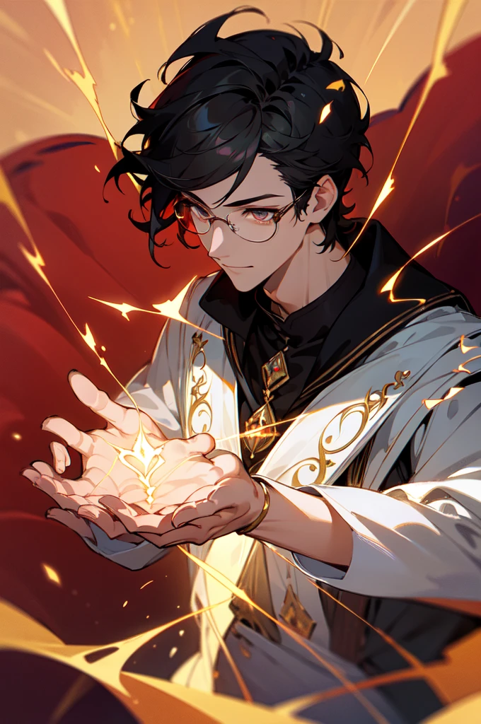 masterpiece, best quality, 1 male, young, tall muscular, handsome, finely detailed eyes, intricate details, black hair, short hair, smile, solo, upper body, detailed background, detailed face, good sorcerer, color magical robes, determined expression, white color scheme, dark crimson light, glowing magical runes, realistic lighting, floating particles, sparks, surrounded by gold lightning red arcane symbols, corrupted by eldritch power, bloom, glasses