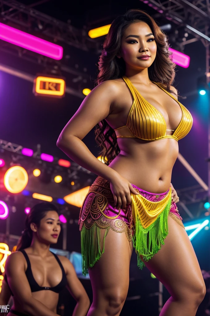 Realistic image of a curvy thai lady, 26 years, moistirized skin, brown wavy hair, intricate makeup, burlesque avant-garde colorful stoned attire hyper detailed, on stage, dynamic gesture, dynamic lighting. Flirtatious mood. Men in suit in the crowd. Neon lights hitting her skin from different angles. High resolution 1080 hd.