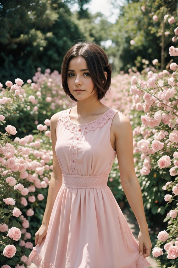 8k, foto en bruto, fujifilm, Style photography of a beautiful young girl like Avril in a light pink rose garden. (piel muy detallada: 1.2) Style-Petal BREAK short hair, cabello rubio con mechones de colores, usando un vestido, film grain, 35mm, lindo estilo