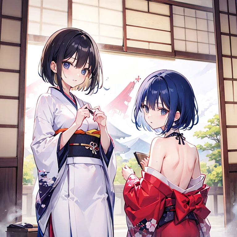 Short hair sisters,Japanese clothing,In heat,Half naked