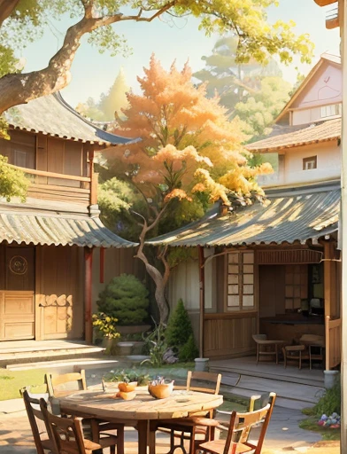 Draw a courtyard with a table, chairs and trees, Chinese style courtyard, The structure of the house is written in Chinese, warm late autumn warm colors, tables and chairs in the yard, Fruit plate on the table, flowers and plants around, Beautiful artwork illustration, Landscape painting, autumn, Zhou Chen, There is a persimmon tree, Lots of red persimmons, Lens Wide angle, Vision, Master Works, Anime Background Art, Studio Ghibli Art, studio ghibli environment, Beautiful digital painting, Detailed Landscape - Width 672, Studio Ghibli style, Studio Ghibli Sunshine, Beautiful digital art, By Ni Yuanlu, Studio Ghibli painting style