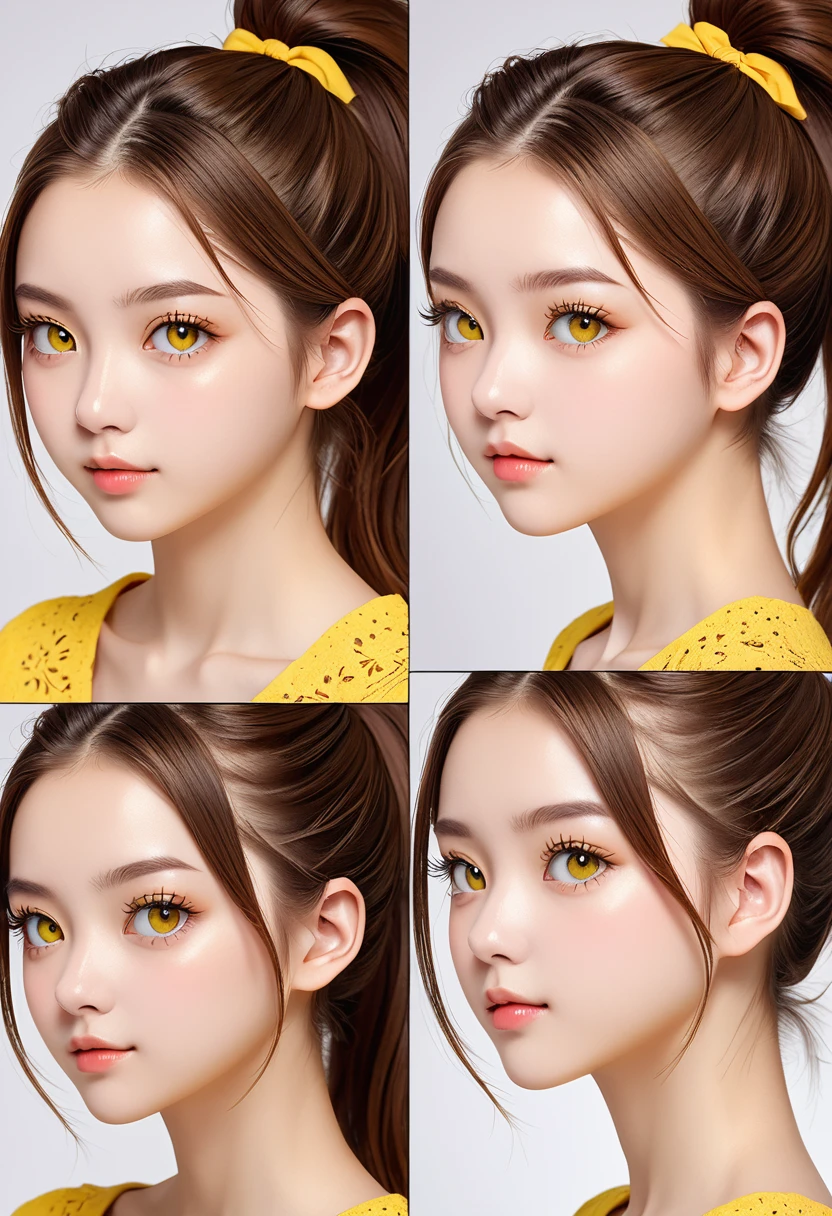 photo of Miruka sowt, 18 year old woman, attractive proportional body, fair complexion, brown hair in detailed ponytail, bright yellow eyes with detailed long eyelashes, detailed high resolution face photo. various angles