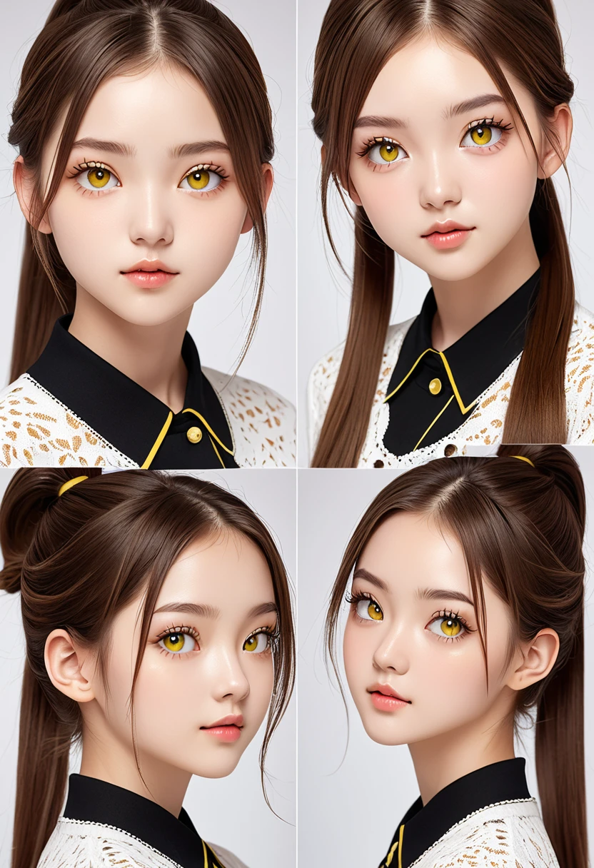 photo of Miruka sowt, 18 year old woman, attractive proportional body, fair complexion, brown hair in detailed ponytail, bright yellow eyes with detailed long eyelashes, detailed high resolution face photo. various angles