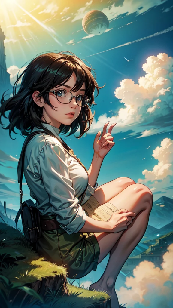 shinkai Mokoto and Ghibli anime style, from behind,above the cloud,a girl in adventure outfit sitting on a mossy stage looking at the majestic lost city and the giant world tree next to it, lost city above the cloud and towering sky, magical glowing partical, vibrant dreamy colorful sky and fluffy clouds, books, apple, glasses, calm,petal,wind blowing hair,sun shine, detailed face, detailed yes, detailed hands