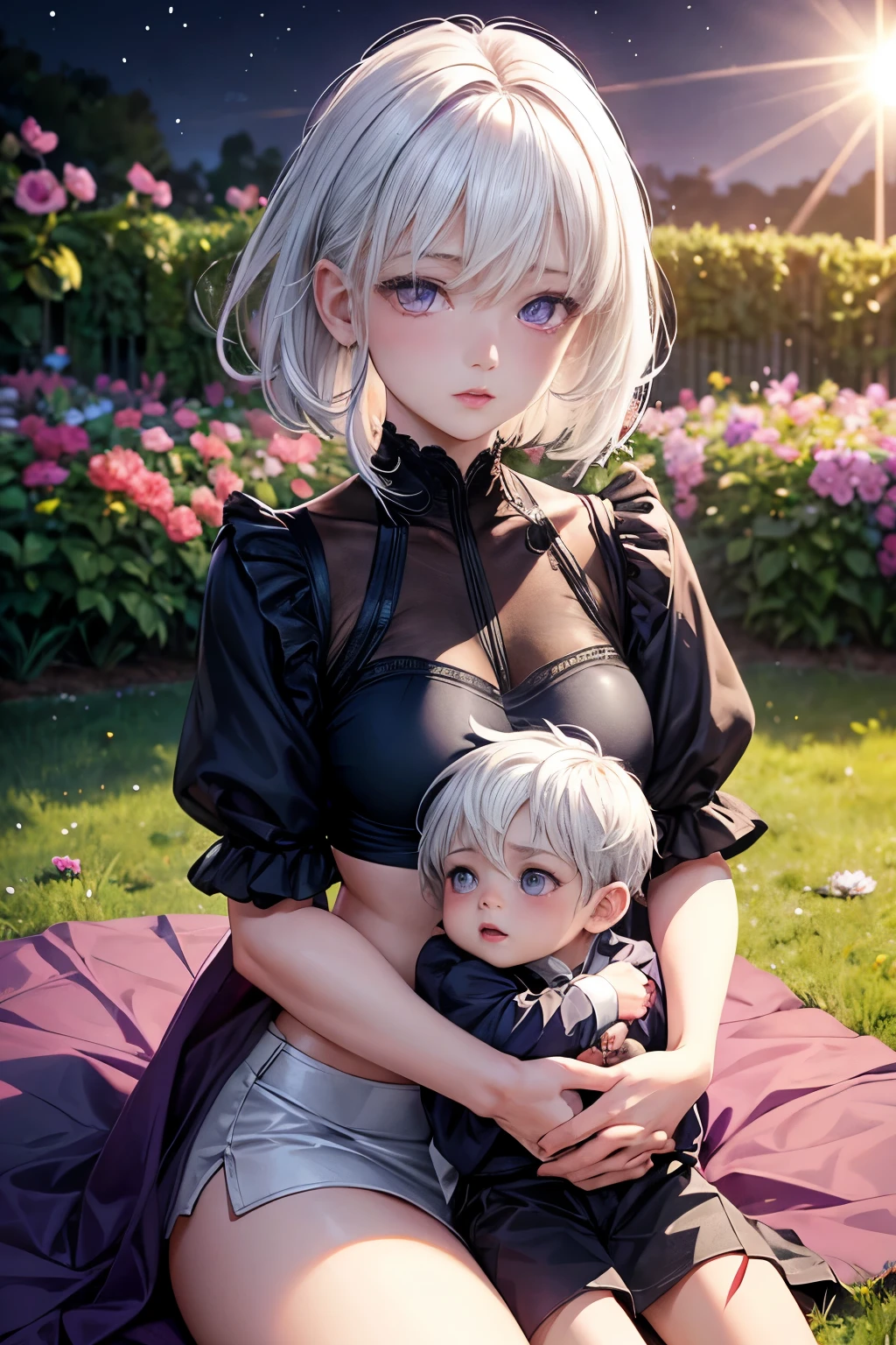 realistic, 1girl, 1 , white hair, purple eyes, glowing eyes, crop top, short skirt, parted lips, blush, night, flowers, sun, sunlight, with a little boyg on her lap