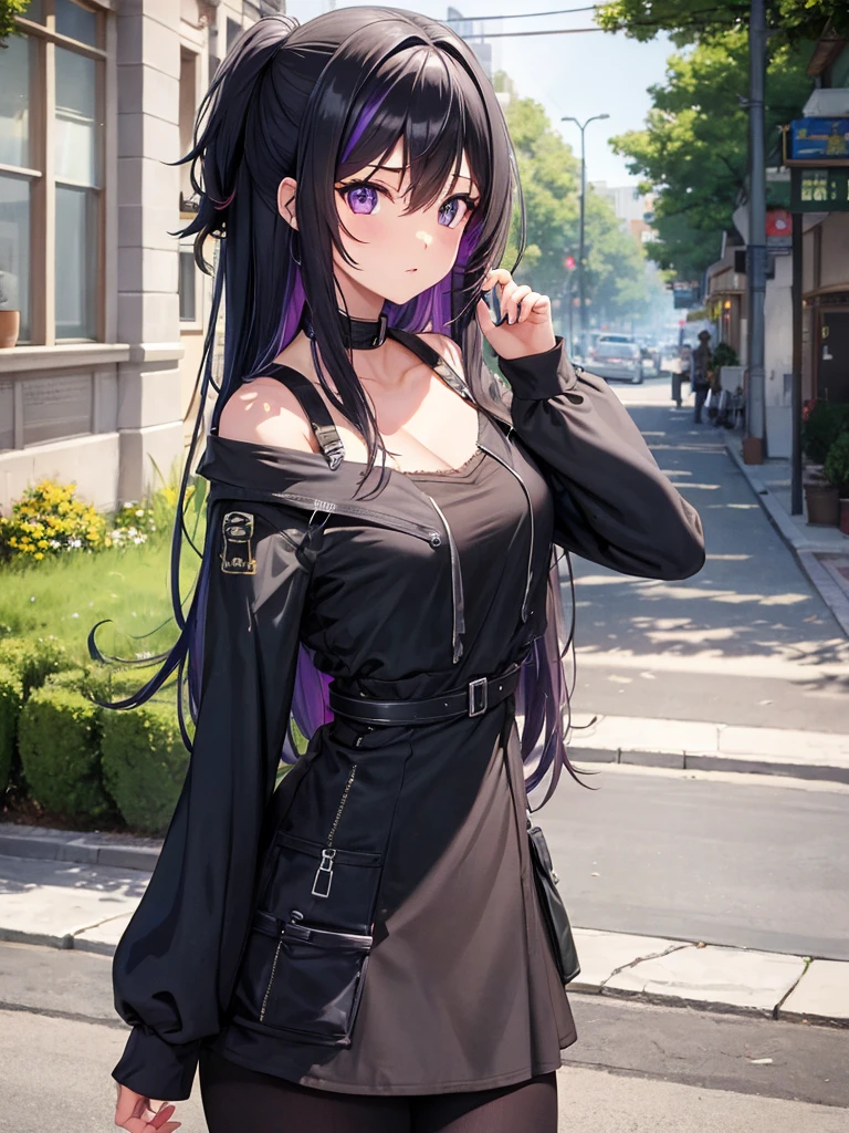 1girl, solo, young, medium long hair, breasts, black hair, dark blue tips, cleavage, hair between eyes, medium breasts, purple eyes, upper body, white hair, multicolored hair, outdoors, two-tone hair, cover, up, bench, cover