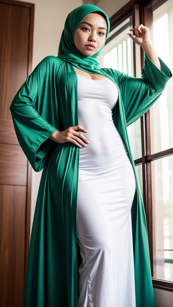 Malaysian girl, wearing hijab, big breasts, green robe transparent, 170cm tall, slim