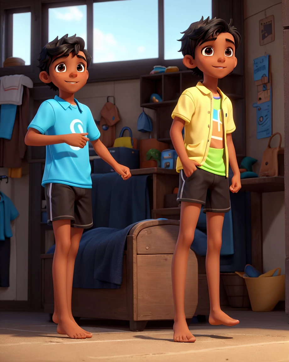 Young 13-year-old boy with black hair and brown eyes, innocent and happy, dressed in short neon-blue speedo, bare feet, fullbody; short hair, boyish athletic, sexy