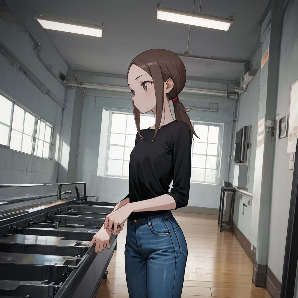 masterpiece, best quality, ultra highres, 1girl, ), long hair, low ponytail, , plain black shirt, long sleeves, long blue pants, jeans, indoors,
skinny arms, slim body, skinny girl, skinny hips, narrow torso, thin torso,