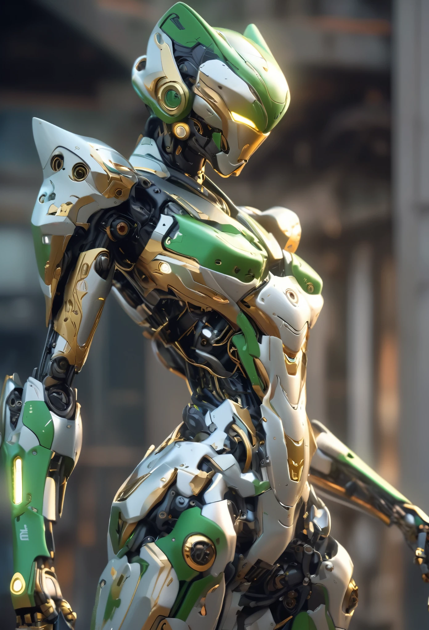 (best quality,4k,8k,highres,masterpiece:1.2),ultra-detailed,(realistic,photorealistic,photo-realistic:1.37), realistic mecha suit inspired by a female, erotic body, highly detailed, hyper realistic, 8k, photorealistic, intricate machinery, feline features, sleek aerodynamic design, sharp claws, cat-like movements, glowing eyes, metallic sheen, complex mechanical parts, advanced technology, cinematic lighting, dynamic pose, detailed texture, futuristic, concept art style, whole body, black, gold, green, (NSFW:1.4)