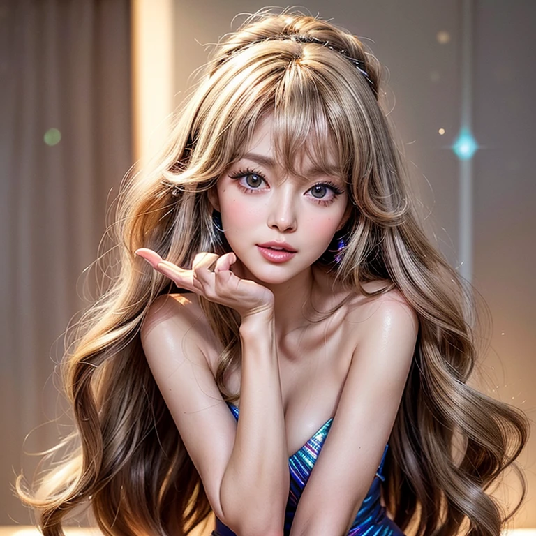 NSFW, 8k, High-level, absurd, masterpiece, best quality, primitive, very detailed CG, very detailed wallpaper, perfect lighting, Extremely detailed ((( personifying " Farrah Fawcett Majors " as a ))), MysticSight, Tyndall effect, Tyndall scattering, (Studio gray background with (Overflowing oodles Dazzling RainbowColorParticles (BokeH))), (RoundlyButts, ThighGap), (Exposed:0.4), (Assfocus with looking ahead) BREAK (Acutance:0.88), (NOGIZAKA face variations) Extremely Detailed very KAWAII face variations, perfect anatomy, Childish, CaptivatingGaze ElaboratePupils detailed Eyes with (sparkling highlights:1.28), (Voluminous LongEyelashes、GlossyRED Lips with beautiful details, RosyCheeks, Radiant PearlSkin with Transparency . { (Dynamic LifeLike expressions:1.4) | :d) }, (large eyes:-1) .