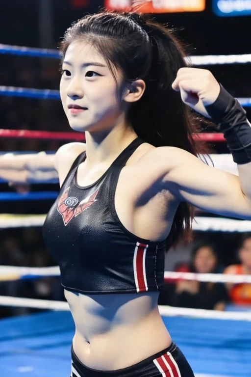 ((best quality)), ((masterpiece)), (detailed), 1girl, beautiful straight black long hair , passionate face , perfect body , black bra , wrestling gear , female wrestler , ring stage background , stretching , focus , championship belt