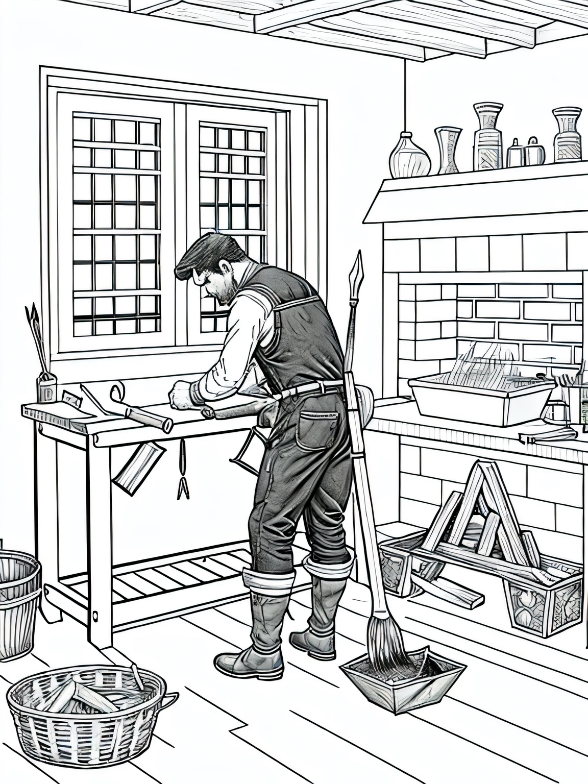 Traditional Blacksmith: Grey and white only, Book page coloring art. All-white background. Use only outlines, line art. Clean line art for coloring. Simple and clean line art, coloring book page. Perfect symmetric details. A traditional blacksmith workshop with a blazing forge, anvils and hammers on workbenches, sparks flying as the blacksmith shapes metal into tools and horseshoes.