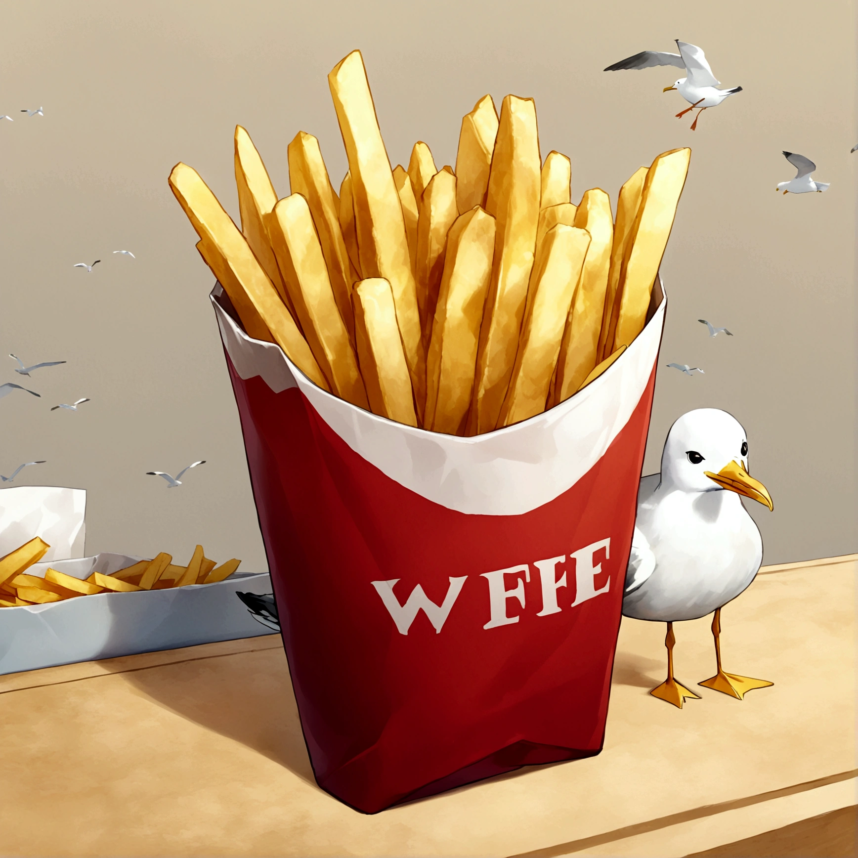seagull, fries,(no humans), Seagull and Fries