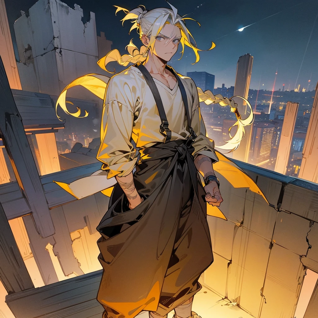 1male, young adult, finely detailed grey eyes, yellow hair, braided top knot, scars, casual clothing, standing on ruined building, night time, serious expression, muscular