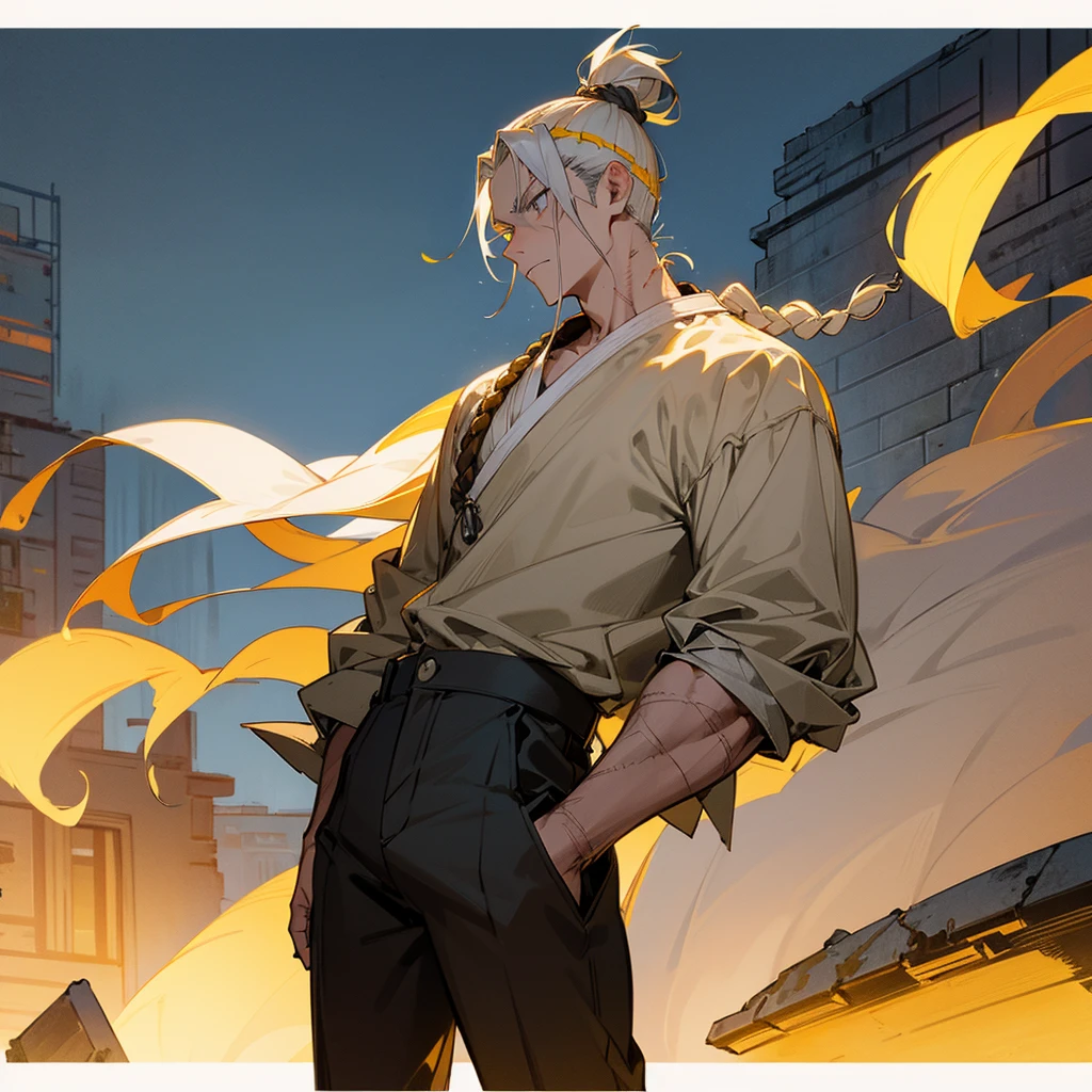 1male, young adult, finely detailed grey eyes, yellow hair, braided top knot, scars, casual clothing, standing on ruined building, night time, serious expression, muscular