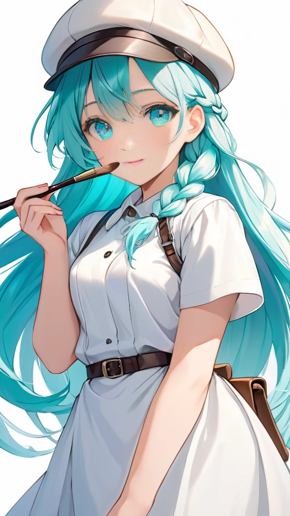 (Eyes:1.1), (Hands:1.1), (Fingers:1.1), Female, woman, mature, Beautiful, Humble, Kind, long hair upper waist Stright Braided Hairstyles, Aqua blue pupil eyes colour, bright cyan Hairs, leather white wear Newsboy Cap, white dress flowing with skirt, holding small brush, Anime style, vivid colours, (White backgrounds:1.1)