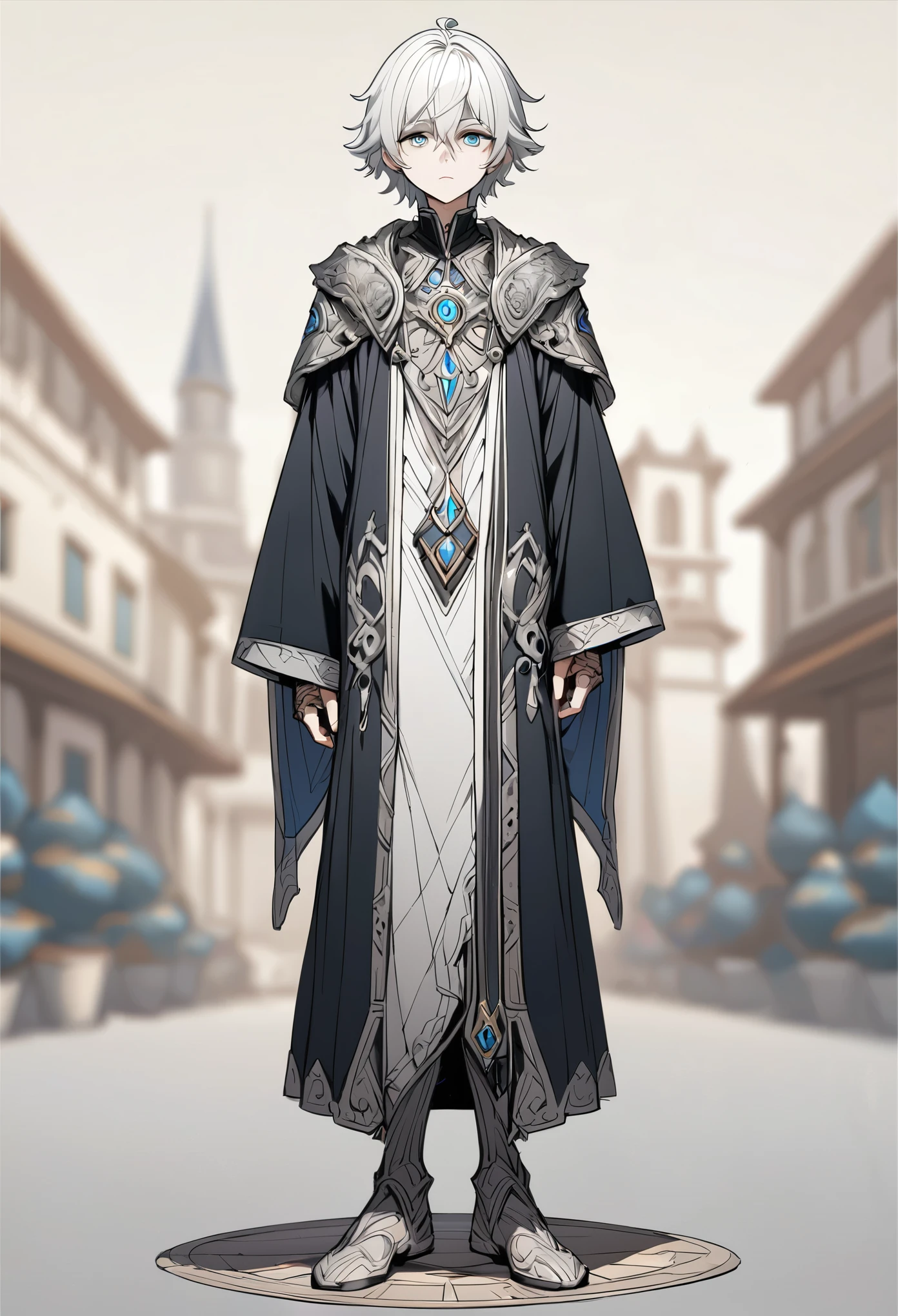 best quality, high quality,ulutra detailed,16k,line art,hard-edged,(Full body:1.5),Standing Upright ,expressionless,deep detailed eyes,white hair,young boy,wizard,white hair,expressionless,deep detailed eyes,blurry background