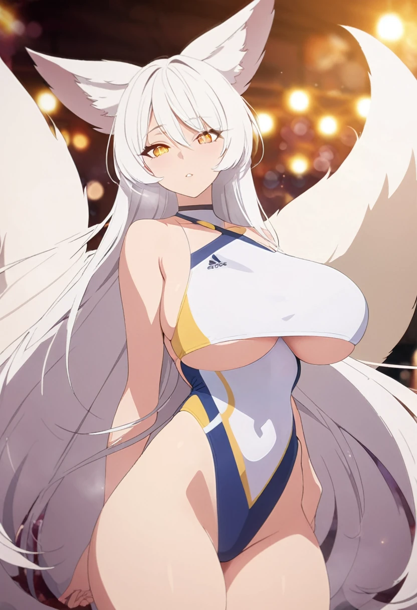 1girl, beautiful white kitsune, long white kitsune ears, multiple white kitsune tails, blue and yellow two piece slited swimsuit, 8k, anime style, yellow eyes, big breasts, extremely detailed eyes and face, 4k, high quality, vibrant colors, long white hair, wide waist, wide hips, sexy pose, masterpiece,extreme detail description,professional,vivid colors,bokeh