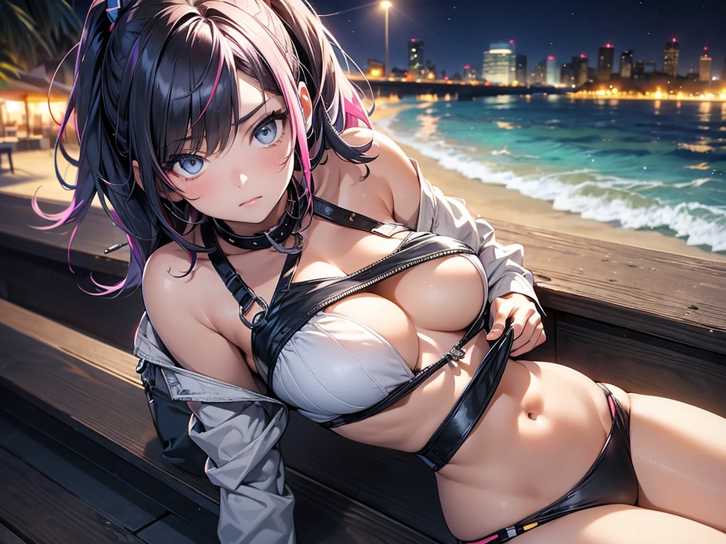 portrait, 1 girl, beautiful face, asymmetrical hair, multi-colored hair, belt, partial unzipped black halter swimsuit and showing clevage, navel, grey eyes, hip vent, cute,back turned, look at viewer, night city beach, neon, sitting on the beach, leaning