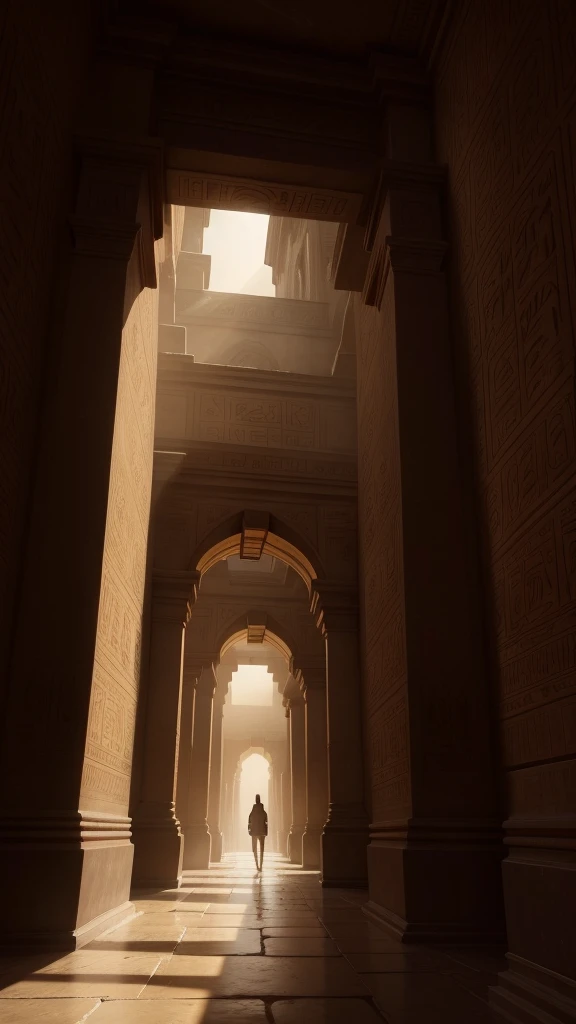 a detailed interior of an ancient Egyptian pyramid, ornate hieroglyphic carvings on the walls, dramatic lighting illuminating the narrow passageway, a sense of mystery and exploration, 1 person with detailed face and eyes exploring the shaft, camera angle from behind the explorer, photorealistic, 8k, cinematic lighting, warm color tones, dramatic shadows, intricate details