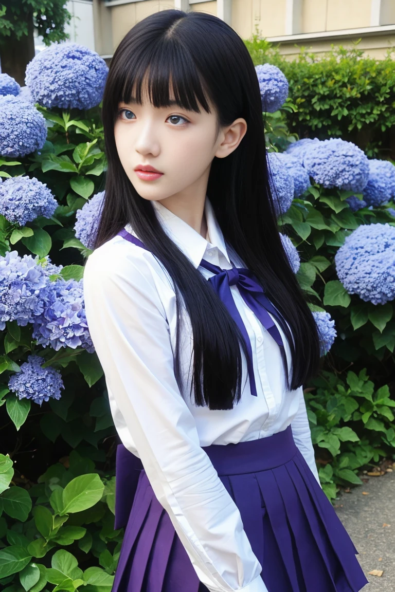 best quality, tmasterpiece,Ultra-high resolution,Clear face,(Reality:1.4),ferpect lighting,(upper body shot), (photorealistic:1.50), anime wallpaper, Guviz style artwork, cover-up fantasy up to magic , by Yang J, Guviz, beautiful artwork illustration, beautiful digital artwork, beautiful digital illustration, Li Song, beautiful anime portrait, art style in Beauvot, 1girl, solo, (red eyes), hair flower, (purple serafuku:1.5), (school uniform), hydrangea, garden, from above, standing,