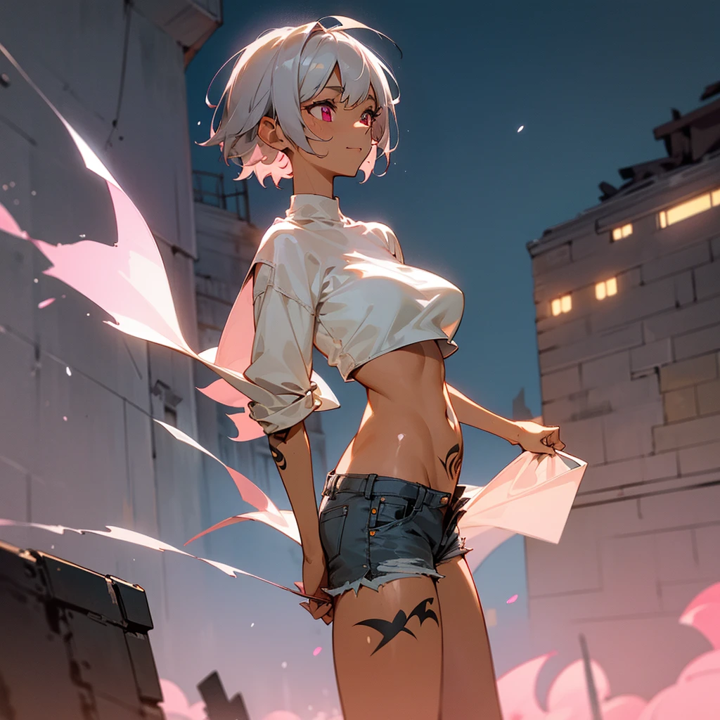 1female, young adult, tan skin, big breast, finely detailed pink eyes, messy short hair, grey hair, crop top, shorts, standing on ruined building, night time, excited expression, tattoos