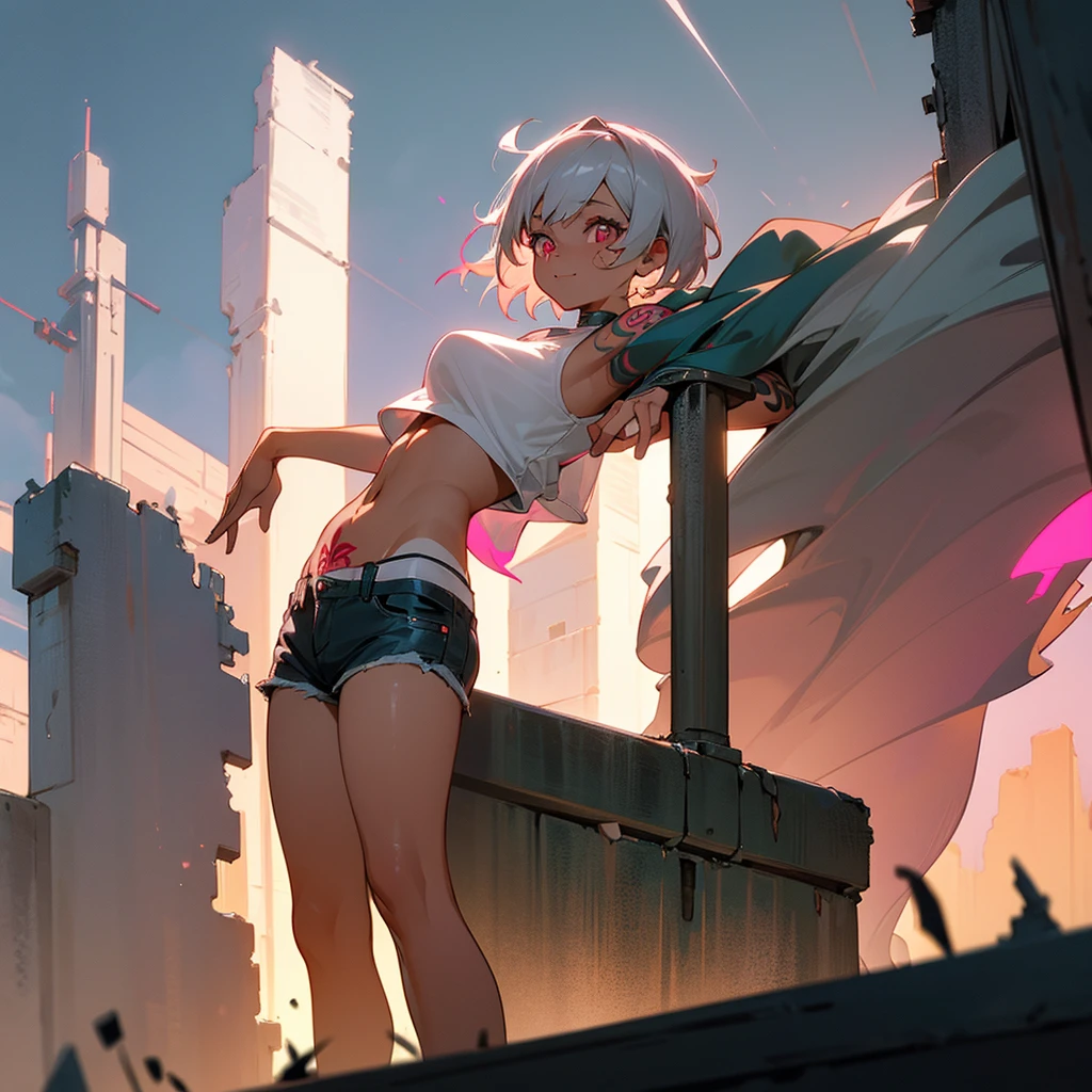 1female,  adult, tan skin, big breast, finely detailed pink eyes, messy short hair, grey hair, crop top, shorts, standing on ruined building, night time, excited expression, tattoos