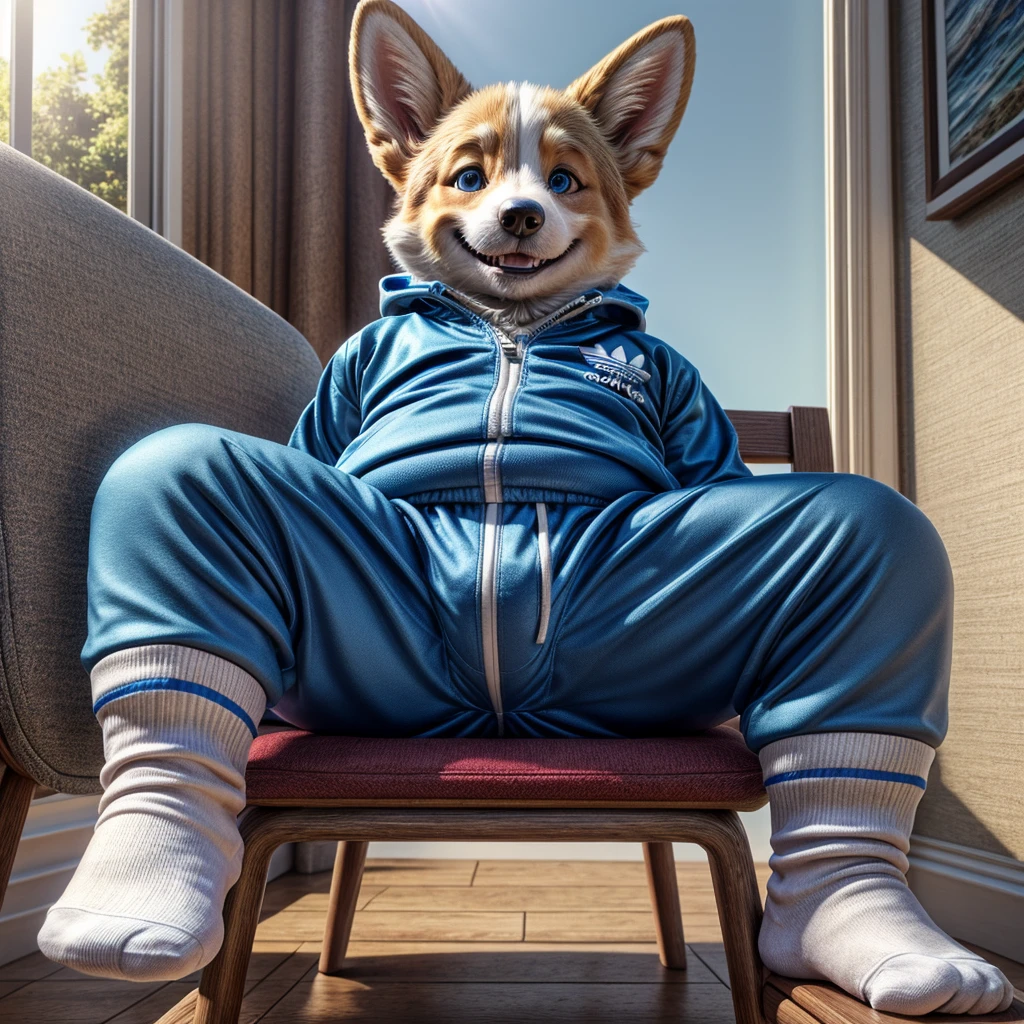 a slightly chubby young male corgi with small human blue eyes, no eyebrows, wearing a dark blue Adidas tracksuit, pull down pants white briefs, white socks , sit red chair spread legs , highly detailed, realistic, 4k, best quality, masterpiece, sunlight , vivid colors, physically-based rendering , smile grin showing thooth