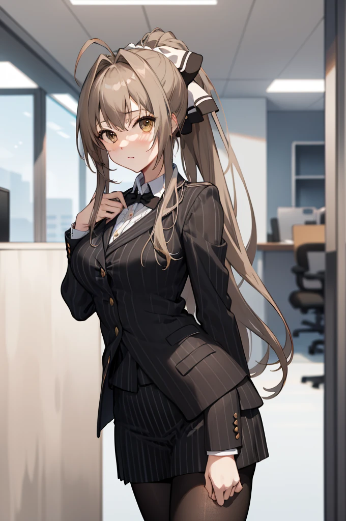 masterpiece, best quality, highres, aaisuzu, 1girl, ponytail, hair bow, brown eyes, pinstripe suit, black suit, collared shirt, pinstripe skirt, black pantyhose, cowboy shot, standing, office, looking at viewer