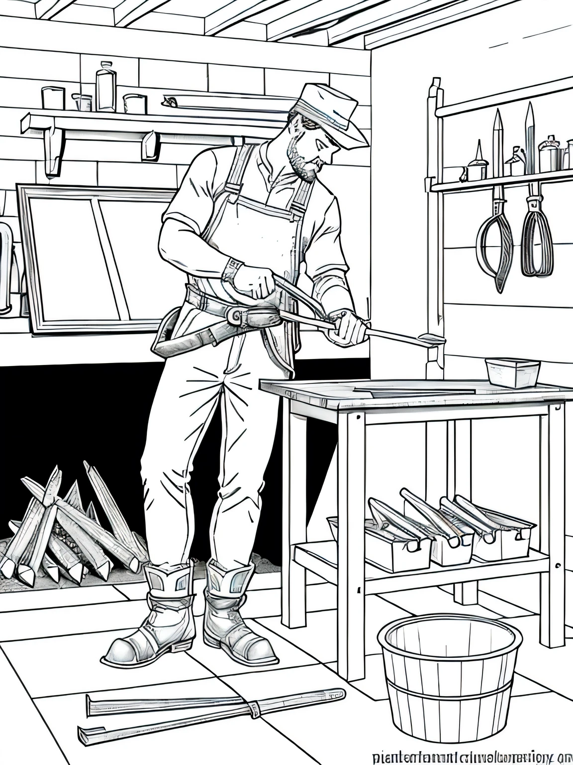 Traditional Blacksmith: Grey and white only, Book page coloring art. All-white background. Use only outlines, line art. Clean line art for coloring. Simple and clean line art, coloring book page. Perfect symmetric details. A traditional blacksmith workshop with a blazing forge, anvils and hammers on workbenches, sparks flying as the blacksmith shapes metal into tools and horseshoes.