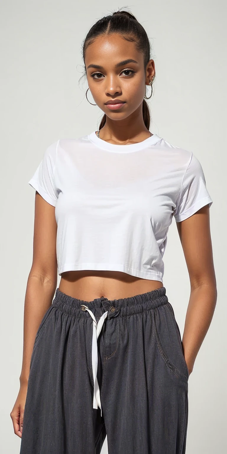 a woman wearing a white corte superior and grey sweatpants, corte superior, corte superior, com camiseta rasgada, wearing corte superior, vestindo um top cortados, barriga exposta, vestindo um top cortado, Topo branco, camiseta branca, usando um top cropped sexy, plain camiseta branca, Roupa casual, wearing a corte superior, vestido com uma camiseta branca