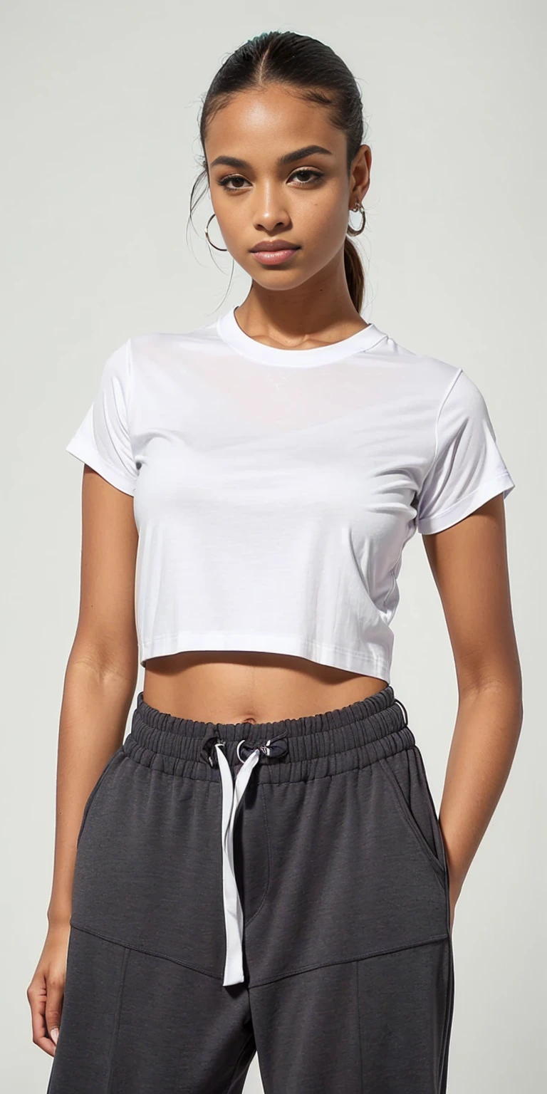 a woman wearing a white corte superior and grey sweatpants, corte superior, corte superior, com camiseta rasgada, wearing corte superior, vestindo um top cortados, barriga exposta, vestindo um top cortado, Topo branco, camiseta branca, usando um top cropped sexy, plain camiseta branca, Roupa casual, wearing a corte superior, vestido com uma camiseta branca