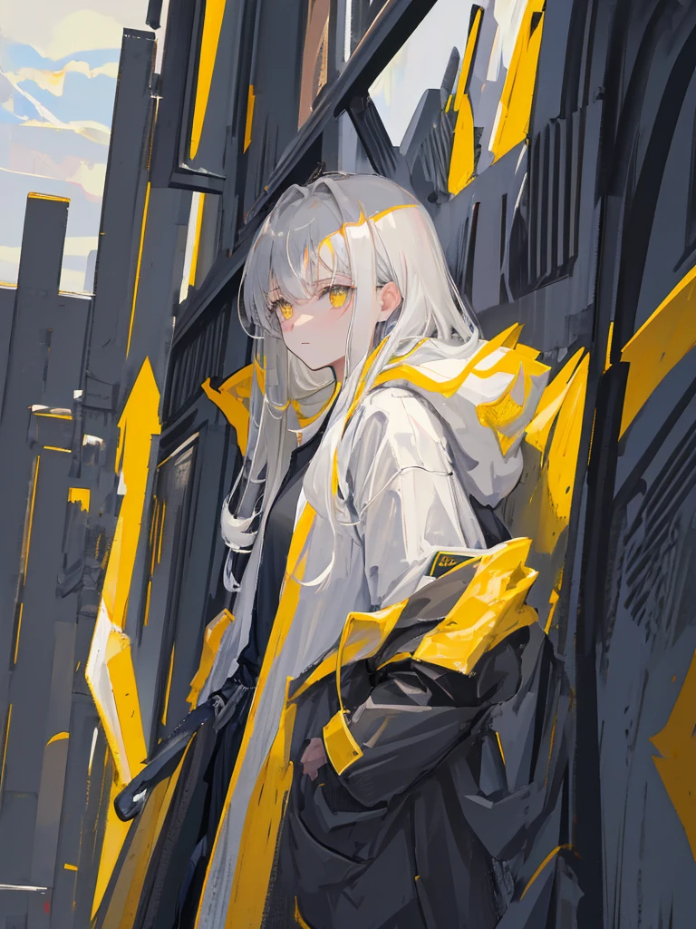 Epic, portrait, Woman, warrior, (solo-girl), long gray hair, yellow eyes, narrow eyes, gray overcoat, black shirt, slight smile, gray skies in the background, aesthetic, sombre, melancholy