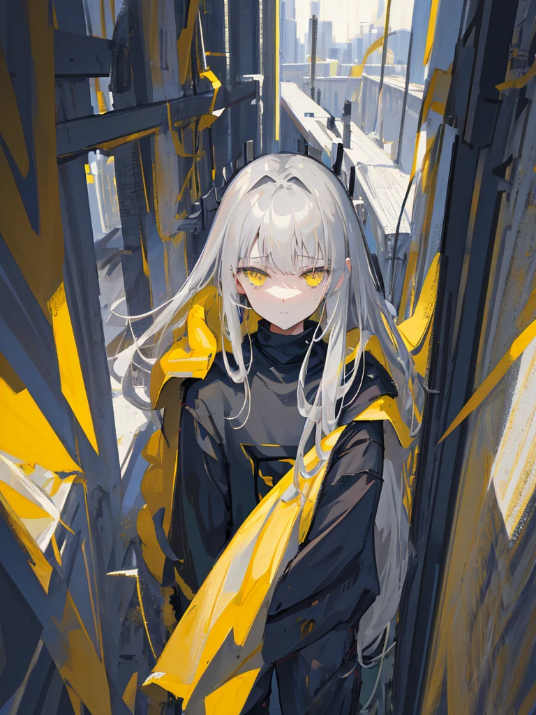 Epic, portrait, Woman, warrior, (solo-girl), long gray hair, yellow eyes, narrow eyes, gray overcoat, black shirt, slight smile, gray skies in the background, aesthetic, sombre, melancholy