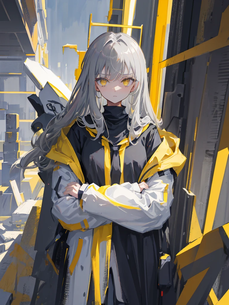 Epic, portrait, Woman, warrior, (solo-girl), long gray hair, yellow eyes, narrow eyes, gray overcoat, black shirt, slight smile, gray skies in the background, aesthetic, sombre, melancholy