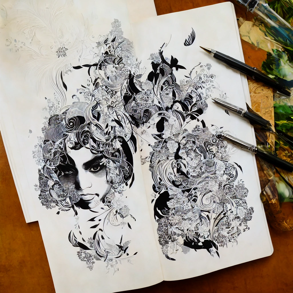 Create a black and white oligui illustration, made with fine liner hatching, of a character in the style of Sergio Toppi.