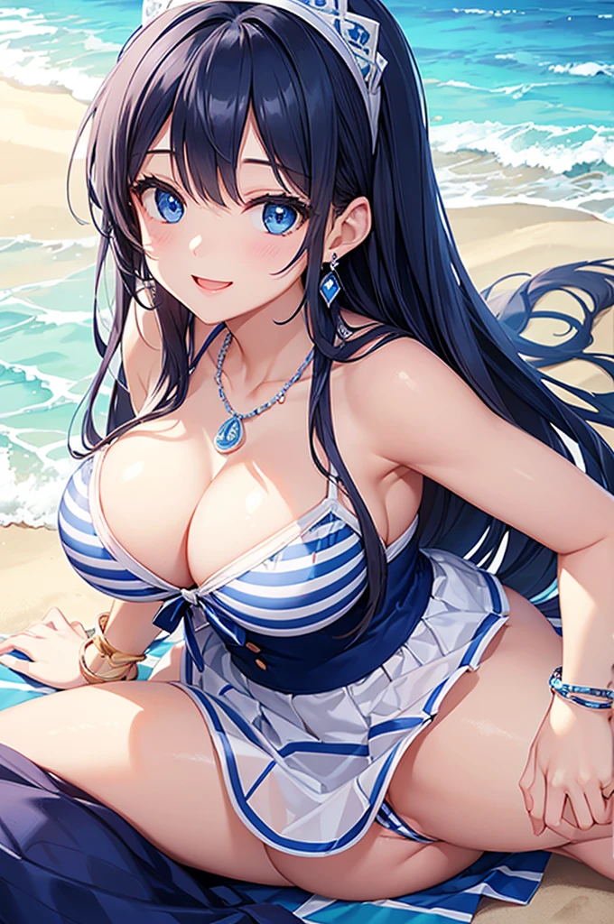 Highest quality、Highest quality、masterpiece、Beauty、Navy blue long hair、blue eyes、Sexy white bikini(Dark striped pattern)、Big cleavage、(Big Breasts),smile、blue necklace、Blue Earrings、background(Beach)、Please open your mouth wide、White headband、bracelet、A dynamic pose