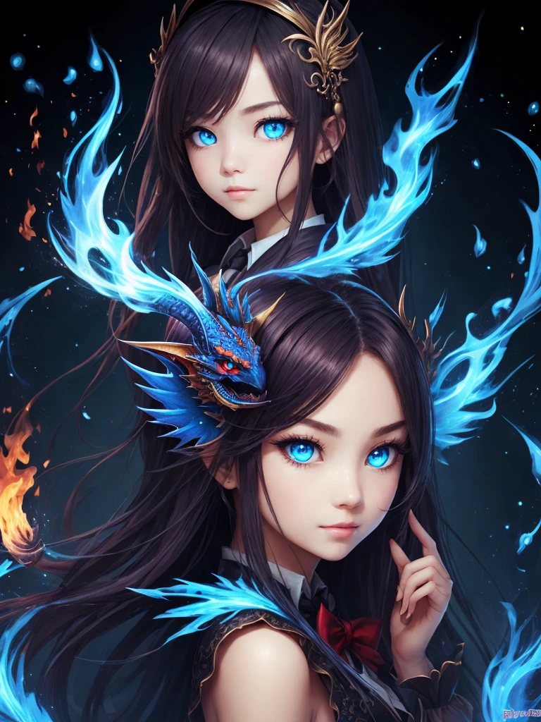 1 magician girl ,cute girl face, blue dragon eyes, blue flame