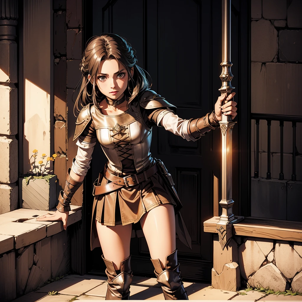 最high quality、high quality、Leather clothing and skirts、１０Year-old girl adventurer、Climb the dungeon stairs、Equipped with a dagger and a leather shield、Inside the dim labyrinth